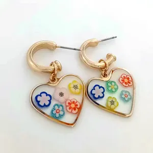 Fashion C hoop acrylic resin flower print heart gold plated pendant earrings for women
