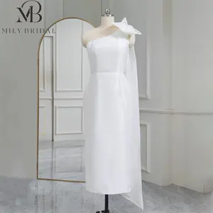 Mily Bridal QD06311 Midi Sheath One Shoulder Big Bow Asymmetric Neck Slit Form Fitting Wedding Dress Gown for Bride