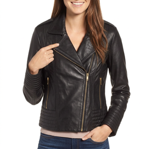 Womens Black Genuine Leather <b>Quilted</b> <b>Jacket</b> Lapel Collar Full Zip Short Moto Coat leather <b>jackets</b> for women - Product Image 2