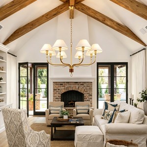 Brass and fabric shade decorative pendant <b>light</b>—suitable for studies, living rooms, villas, bedrooms, and <b>dining</b> rooms. - Product Image 1