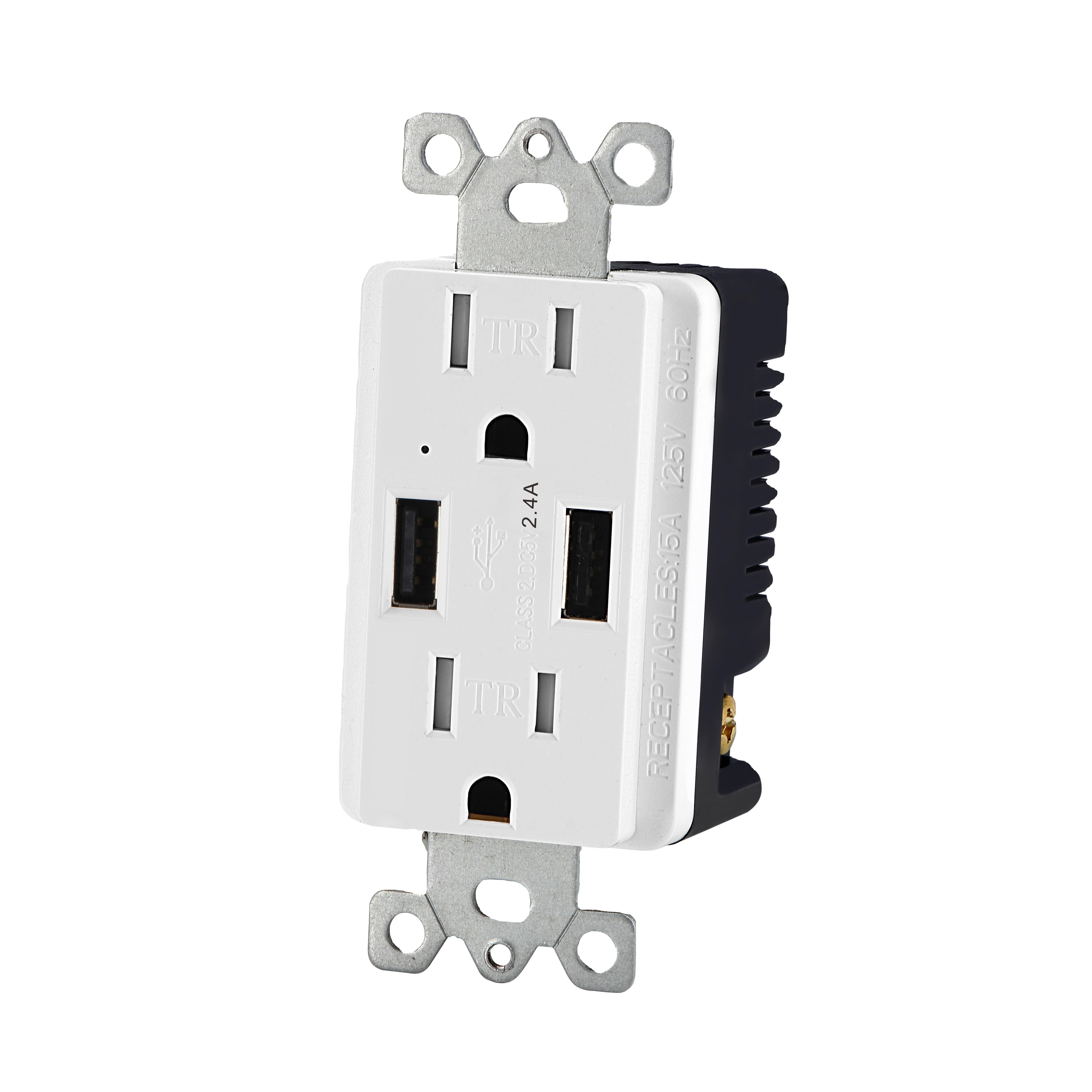 Stopkontak USB 15A 125V, Stopkontak Dupleks 2,4 A Port Ganda Tipe A Pengisi Daya USB dengan Wallplate, Soket Stopkontak Dinding Terdaftar UL