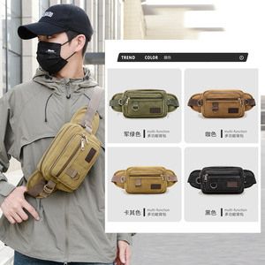 Men's Chest Bag Canvas Multi Function Large Capacity Waist Bag For Commuting Crossbody Single Shoulder Bag Khaki Black Army - Product Image 1