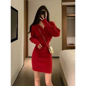 Abito Maglione Vintage Rosso Primaverile con Cappuccio e Mezza Zip, Antistatico, Stile Retrò Elegante per <span class=keywords><strong>Capodanno</strong></span> - Product Image 1