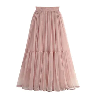 Simple Sweet Tulle Skirt Women Solid Color Mesh Patchwork Lining Pleated Skirts Girls Green Summer Fashion Kpop Slim Swing Skirt