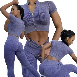 2022 Custom Logo 5 Pcs Frauen Workout Gym Kleidung Langarm Fitness Leggings Nahtlose Yoga-Sets Sport Top High Waisted Pants