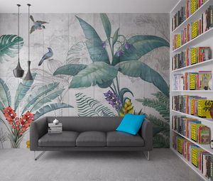 Mural de Pared Impermeable de Tela No Tejida con Diseño de Planta Tropical y Hojas Grandes, Efecto Seda, Estilo Boho Moderno, Tono Neutro, Floral y Aviario, Fácil de Instalar - Product Image 3