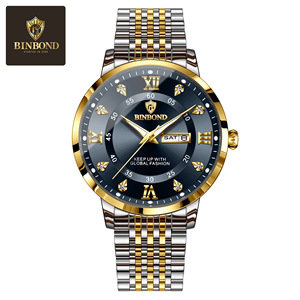 Binbond Men's Quartz Watch Stainless Steel Band Waterproof Luminous Calendar Day Display Analog Wristwatch 12mm - Product Image 5