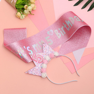 Set Corona e Fascia per Capelli DAMAI con Fiori Glitterati Rosa, Kit Tiara per <span class=keywords><strong>Compleanno</strong></span>, Decorazioni per Feste da Principessa per Bambine - Product Image 3