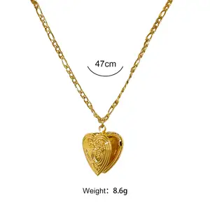 Love Heart Locket Charm Thick Chain Necklace Women Retro Stainless Steel 18K Gold Plated Engraved Photo Locket Pendant Jewellery