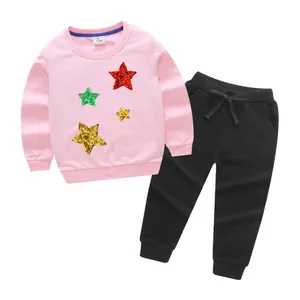 Custom Kids Fall Winter Set Sequin Stars Sweatshirt Jogger Set Casual Girl Clothing Sets