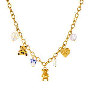 Cartoon Little Bear Gold Plated Pendant Necklace With Heart Chain And Painted Charms For Gift - Product Image 5