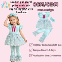 Ensemble de vêtements pour enfants personnalisé OEM ODM, tenue florale rayée en 3 pièces pour petite fille, tunique à volants, leggings avec bandeau assorti à fleurs