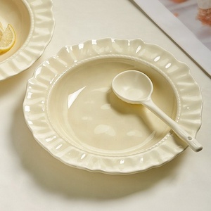 Assiette à salade coréenne en céramique à motif uni, design minimaliste rond, compatible micro-ondes, haut de gamme, style roche orientale - Product Image 5