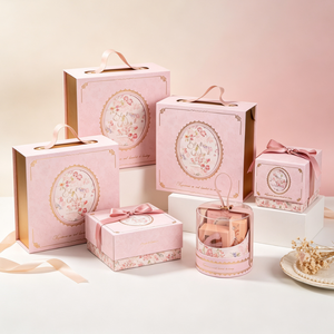 กล่องของขวัญลายดอกไม้สไตล์วินเทจสีชมพู, กระเป๋าถือทรงกลมใส บรรจุภัณฑ์หรูหราสำหรับของขวัญเครื่องสำอางในช่วงเทศกาล - Product Image 2