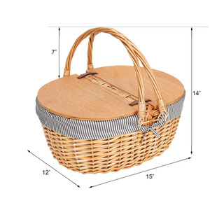 Cesta de picnic de mimbre hecha a mano natural con forro Cesta de picnic con tapa dividida de madera - Product Image 3