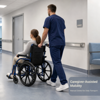 Fauteuil roulant manuel pliable avec sièges ergonomiques, repose-pieds réglables et grandes roues arrière pour la mobilité quotidienne