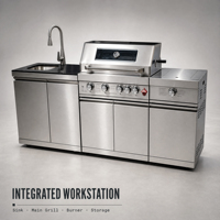Ensemble barbecue et cuisine extérieure en acier inoxydable avec brûleur latéral et évier, îlot barbecue modulaire pour patio et jardin