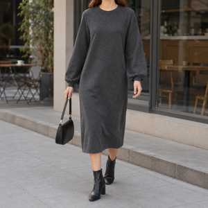Vestido <span class=keywords><strong>Midi</strong></span> Casual para <span class=keywords><strong>Mujer</strong></span>, Minimalista, Cuello Redondo, Manga Larga, Holgado, con Bolsillos, Suave y Elástico - Product Image 5