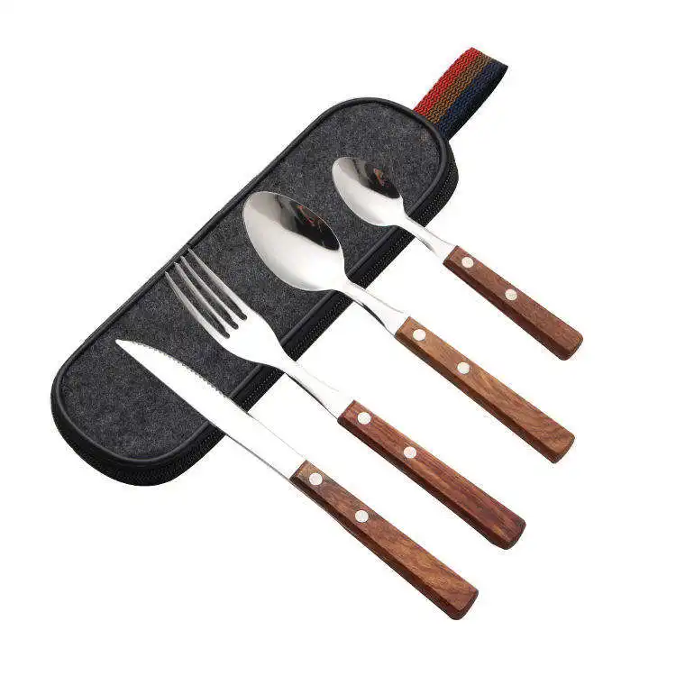 Venta caliente restaurante palisandro carne cuchillo tenedor cuchara, mango de madera juegos de cubiertos de acero inoxidable, cubiertos de brichwood con estuche