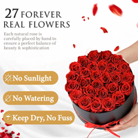 Roses éternelles préservées, boîte de fleurs de 27 pièces, forme ronde, 8,54 x 8,27 x 7,09 pouces, origine Chine, pour l'anniversaire ou l'anniversaire de mariage des femmes