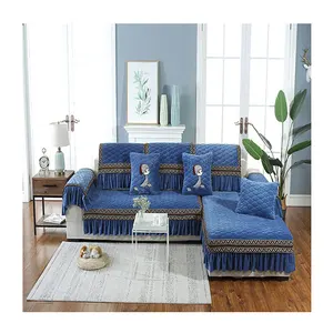 热卖奢侈品好价格几何沙发套设计L形雪尼尔蓝色沙发套