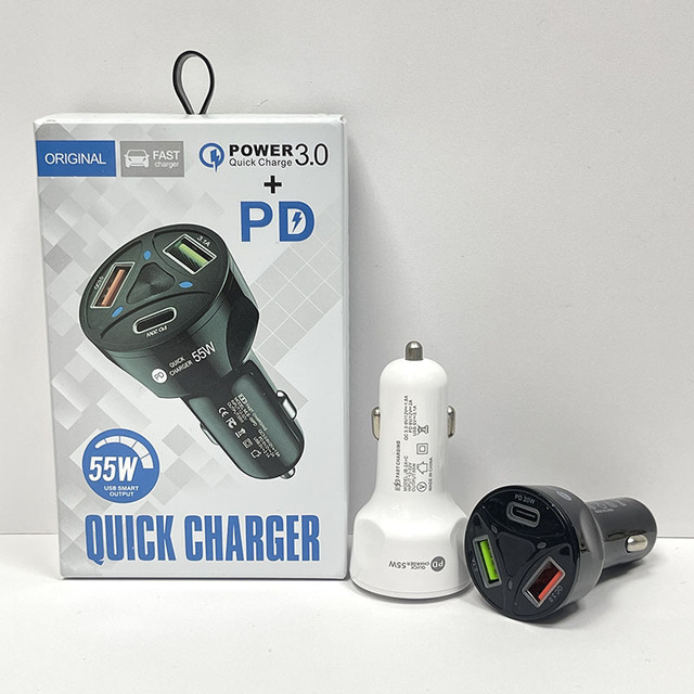 Large Stock 55W 3 Ports USB PD Quick Car Charger QC3.0 Fast Charging 55W QC3.0 3.1A Output USB C PD20W Car Charger for IPhone