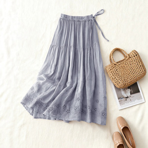 Jupe midi en coton brodée pour femme, gris bleu, couleur unie, style fluide, style japonais coréen, loisirs, tailles S M L XL - Product Image 2