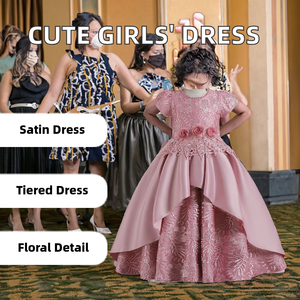 ชุดเดรสผ้าซาตินปักลายน่ารักสำหรับเด็กผู้หญิง สำหรับงานพิธีการ คอทรงโอ เหมาะสำหรับงานวันเกิด การแสดงเปียโน งานแต่งงาน และเพื่อนเจ้าสาวตัวน้อย - Product Image 2