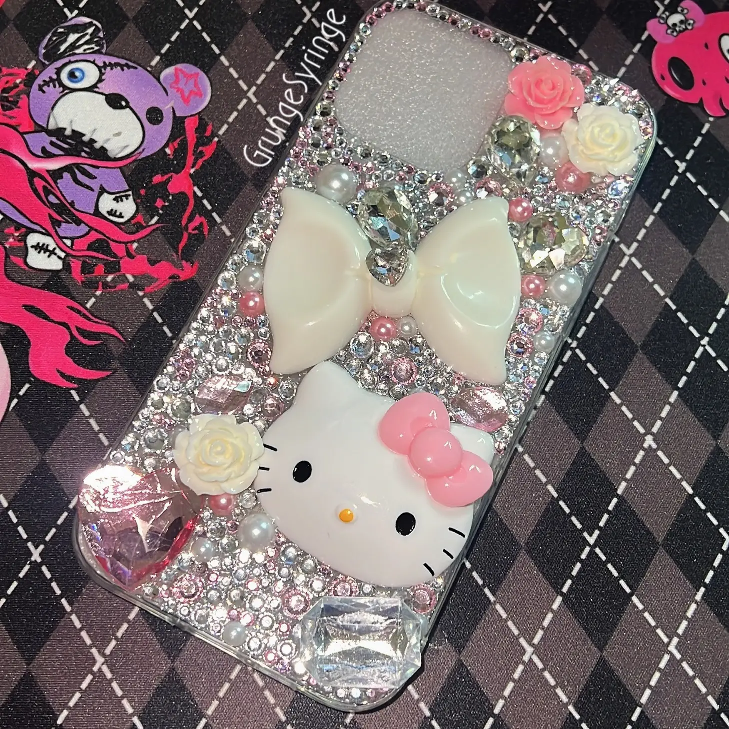 Roze Roos Strik Cartoon Kt Cat Water Diamant Telefoonhoesje Voor Iphone 11 12 13 14 15 Pro Max Mobiele Hoes