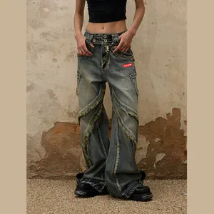 DiZNEW streetwear vintage Kelim kain perca mentah celana jeans kaki lebar untuk wanita celana jeans biggy pinggang tinggi y2k grosir uniseks