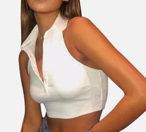 Top corto sin mangas de punto acanalado transpirable para <span class=keywords><strong>mujer</strong></span> con cuello <span class=keywords><strong>polo</strong></span> y botones, estilo casual - Product Image 2