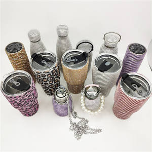 Botellas de agua de acero inoxidable con cadena para bebidas, botellas de agua de cristal brillante de Color negro arcoíris de lujo de diseñador con diamantes de imitación - Product Image 6