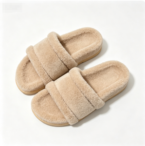 Pantoufles d'été pour femmes en fausse fourrure pelucheuse, à brides croisées, bout ouvert, talon plat, à enfiler, en tissu PU, avec boucle, couleur unie - Product Image 6