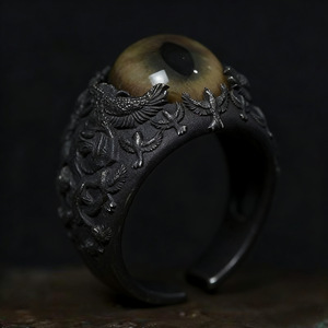 Bague personnalisable vintage en alliage foncé avec motif œil de corbeau et œil de Dieu, en verre, pour l'index, à ouverture réglable - Product Image 1