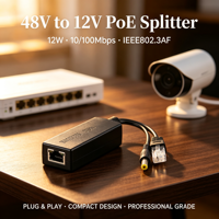 Divisor PoE de 48V a 12V 2A 15W No Aislado IEEE 802.3af/at Dual PD 12/36 45/78 DC 5.5x2.1mm QoS 1 Puerto para Cámara IP CCTV