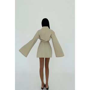 Vestido con Cuello Camisero y Estampado Floral Crema para Mujer, Casual a Formal, Impresión Personalizada, Translúcido, Talla Única, Talla XS - Product Image 1