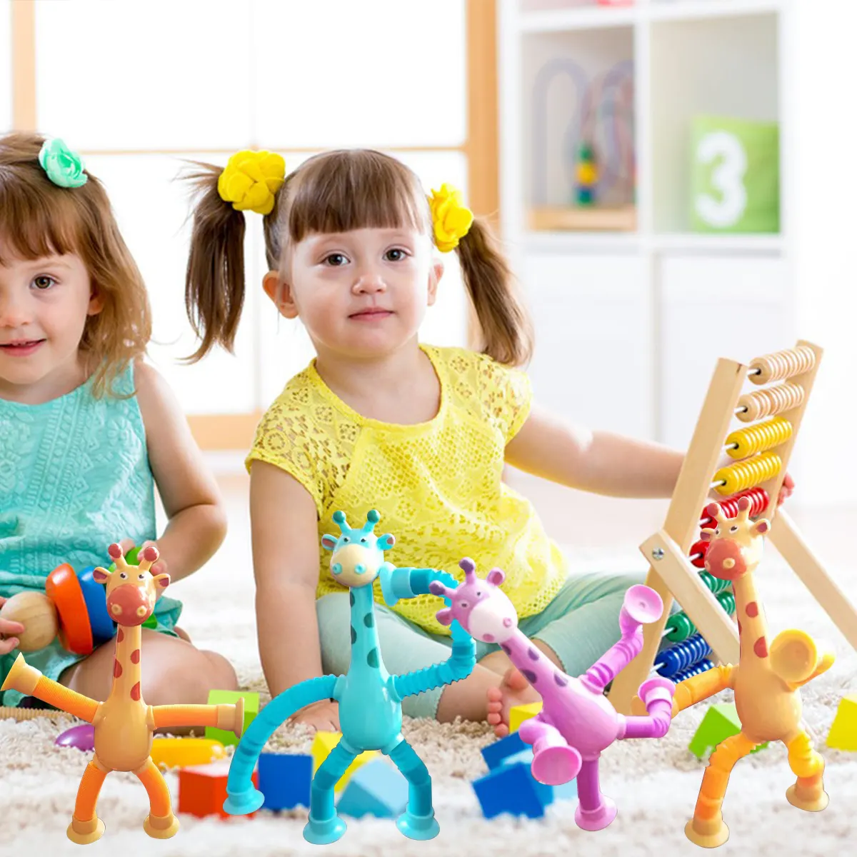 Tubo elastico giraffa giocattolo Puzzle novità giocattolo di decompressione cartone animato ventosa telescopica forma di giraffa luminoso giocattolo per bambini