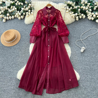 Robe longue élégante pour femmes, en dentelle, patchwork, manches longues, coupe évasée, décontractée, avec ceinture, boutonnée, pour tous les jours