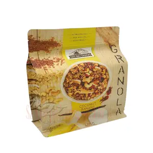 Custom printed Eco-friendly Compostable Brown ziplock Kraft Paper Flat Bottom Bags for nuts crackers food vegetable