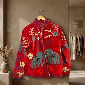 Veste en velours rouge à col montant, brodée à la main avec des éléphants et un motif floral, manches longues, manteau d'hiver pour femmes, vente en gros B2B - Product Image 5