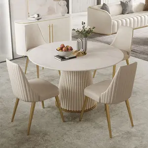 Yeni Modern lüks ev mobilyası yemek odası seti 4 6 kişilik mikrofiber deri yuvarlak beyaz mermer yemek masası restoran