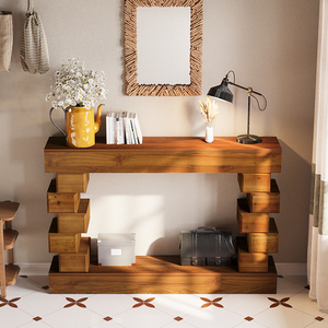 Geometric Block Stacked Wood Console <b>Table</b> Warm Natural Finish Entryway Decor - Product Image 1