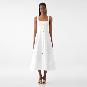 Robe <span class=keywords><strong>midi</strong></span> pour femme, style bohème resort, col carré, sans manches, coupe trapèze, avec broderie à œillets et découpe laser blanche, fabrication sur mesure - Product Image 3
