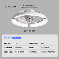 Kipas Angin Plafon 20 Inch untuk Kamar Tidur dan Ruang Tamu dengan Lampu, 7 Baling-Baling, Dapat Diredupkan, LED 30W, Kontrol Remote & Aplikasi, Kontrol Dinding, OEM ODM Custom