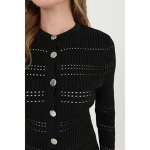Ensemble de pull tricoté pour femme Mango, noir côtelé avec boutons argentés, manches longues 14263TKS - Product Image 1