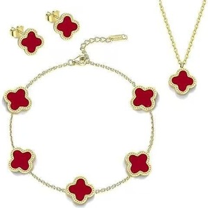 طقم مجوهرات نسائي من ثلاث قطع مطلي بالذهب عيار 18 قيراط من الفولاذ المقاوم للصدأ بتصميم ورقة البرسيم الرباعية - سوار وأقراط فاخرة - Product Image 6