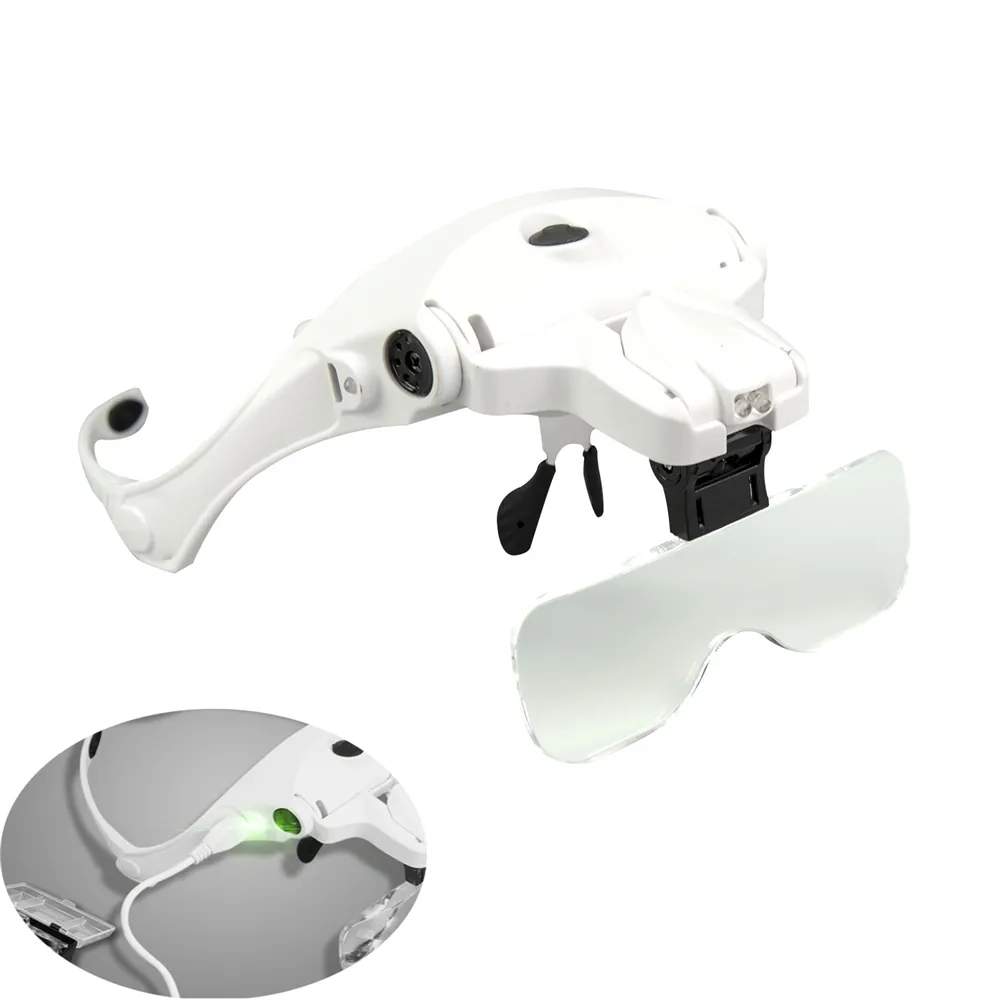 NO.9892B2C Rechargeable LED magnifying Glasses with 5 lenses, Hands Free Headband Magnifier 1.0X 1.5X 2.0X 2.5X 3.5X