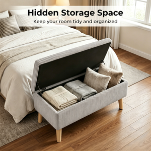 Panca contenitore in velluto a coste beige oliva, larga 32 pollici, con gambe in legno, coperchio ribaltabile e imbottitura morbida, per fondo letto - Product Image 3