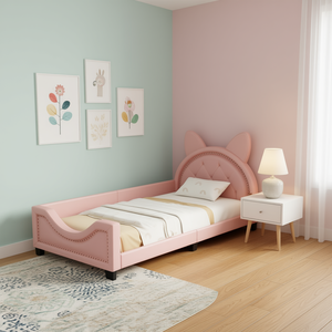 Cama de Día Tapizada Tamaño Individual con Cabecera de Orejas de Gato, Cuero Sintético Rosa, Cama Moderna y Suave, Muebles de Dormitorio - Product Image 2