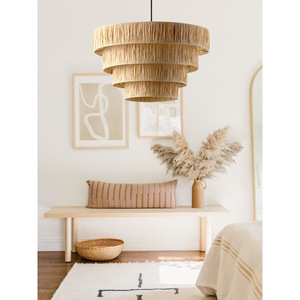 Lampe suspendue rétro en paille tressée, lumière Led ronde, base d'ampoule E27, luminaire décoratif pour Restaurant, chambre à coucher, salon - Product Image 3